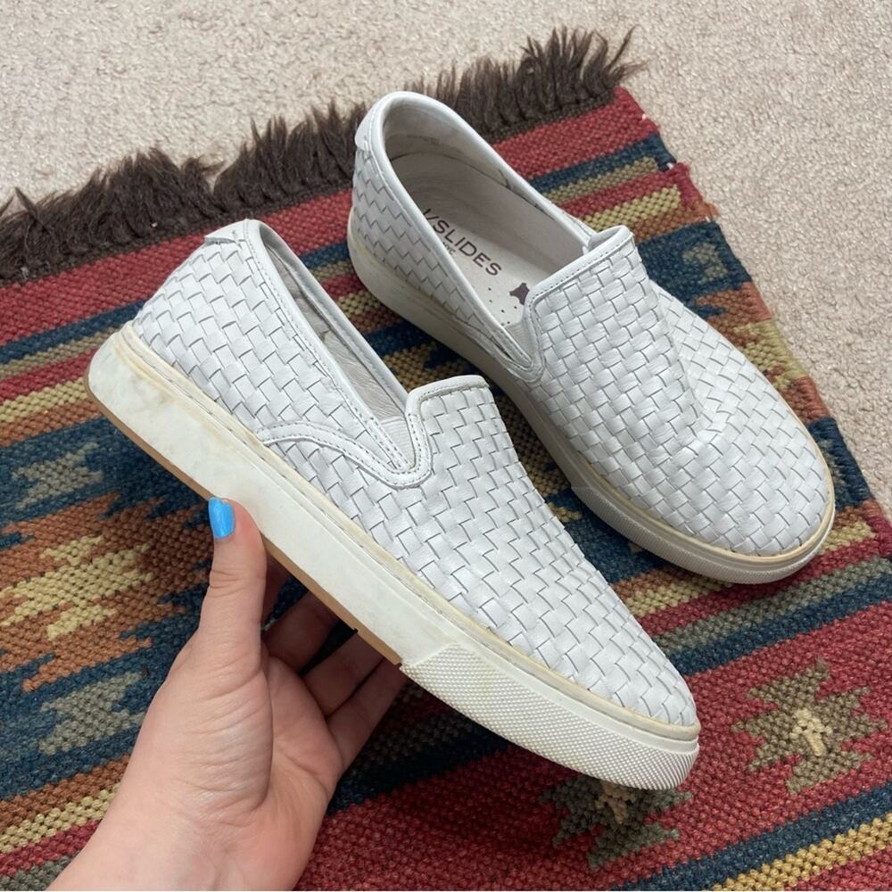 J/Slides Justine White Leather Woven Slip On Sneakers Size 8